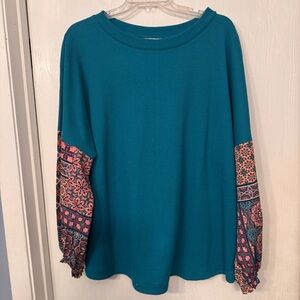 Belle Boho Teal Waffle Knit Top Floral Boho Print Balloon Sleeves Size 1X